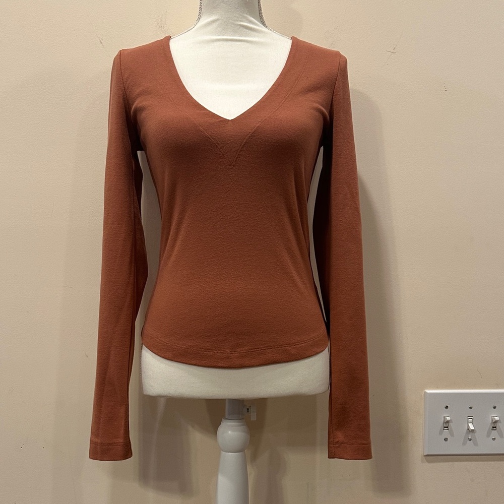 Free People Terracotta Taupe V Neck Tie Back Bow Long Sleeve Top Size S